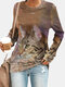Casual Cat Print O-neck Long Sleeve Sweatshirt For Women - Coffee