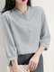 Solid Button 3/4 Sleeve Stand Collar Blouse For Women - Gray