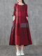 Plaid Pocket O-neck Half Sleeve Loose Print Dress For Women - Wine Red