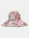 Women Dacron Overlay Calico Print Button Decoration Big Brim Breathable Sunshade Foldable Bucket Hat - Khaki