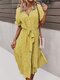 Bohemian Floral Print Lapel Button Knotted Short Sleeve Dress For Women - Yellow