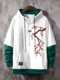 Mens Japanese Cherry Blossoms Print Contrast Patchwork Drawstring Hoodies Winter - Green