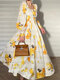 Flower Print Lantern Sleeve Ruched Maxi Dress - Yellow