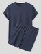 Plus Size Mens Solid Color Crew Neck Basics Casual Two Pieces Outfits - Navy