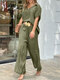 Solid Lapel Wide Leg Pocket Short Sleeve Suit - Army Green