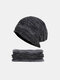 2 Pcs Men Knitted Plus Velvet Argyle Warp Knitting Letter Metal Label Ear Protection Beanie Hat Bib Scarf Set - Black