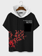 Herren-T-Shirts mit japanischem Blumendruck und Patchwork-Muster, kurzärmelig, mit Kapuze - Schwarz