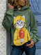 Cartoon Cat Print Long Sleeve Casual Hoodie For Women - Green