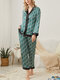 Women Geometric Print Faux Silk V Neck Button Up Elegant Pajama Sets - Green