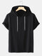 Mens Solid Color Basics Short Sleeve Drawstring Hooded T-Shirts - Black