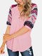 Ethnic Print Patchwork Knitting Short Sleeve Blouse - Pink