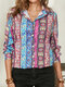 Bohemian Ethnic Print Button Long Sleeve Casual Blouse for Women - Blue
