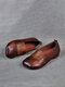 Women Retro Soft Leather Patchwork Suqare Toe Block Heels Loafers - Dark Brown