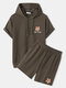 Mens Floral Japanese Embroidered Hooded Two Pieces Outfits With Pocket - Brown