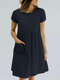 Solid Pocket Ruched Roll Short Sleeve Casual Midi Dress - Navy