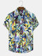Men Colorful Graphic Leaf Pattern Lapel Button Up Leisure Shirts - Multicolor