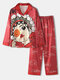 Women Faux Silk Opera Character Print Revere Collar National Style Pajama Sets - Red