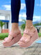 Plus Size Dual Stripe Buckle Slip On Platform Wedges Slippers For Women - Pink