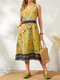 Ethnic Pattern Print O-neck Sleeveless Pocket Cotton Dress - Yellow