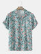 Mens Flower Print Revere Collar Button Up Holiday Short Sleeve Shirts - Green