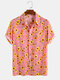 Men 100% Cotton Sunflower Printed Striped Casual Lapel Short Sleeve Shirt - Red