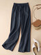 Women Solid Drawstring Waist Cotton Casual Straight Pants - Navy