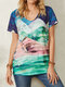 Landscape Print V-neck Short Sleeve T-Shirt For Women - Blue
