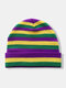 Unisex Acrylic Knitted Leopard Color Contrast Striped Argyle Jacquard Elastic Warmth Brimless Beanie Hat - Purple