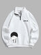 Mens Cat Character Print Stand Collar Half Zip Pullover Sweatshirts - White