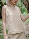 Solid V-neck Sleeveless Casual Tank Top For Women - Beige