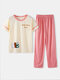 Plus Size Women Cute Cartoon Animal Print Cotton Short Sleeve Pajama Sets - Beige