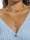 3 Pcs/Set Trendy Ethnic Portrait Round Pendant Colorful Soft Pottery Beaded Alloy Chain Necklaces - #01