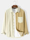 Mens Two Tone Patchwork Corduroy Long Sleeve Shirts With Pocket - Apricot