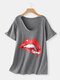 Red Lips Printed Short Sleeve V-neck Casual T-shirt For Women - Grey