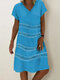 Webbing Patchwork V-neck A-line Vintage Plus Size Dress - Blue