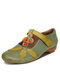Socofy Genuine Leather Handmade Retro Ethnic Soft Comfy Hook & Loop Mary Jane Shoes - Green