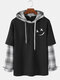 Mens Smile Face Print Plaid Patchwork 2 In 1 Long Sleeve Hooded T-Shirts - Black