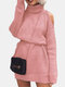 Cold Shoulder Solid Color Long Sleeve Turtleneck Casual Sweater Dress For Women - Pink