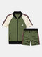 Mens Pattern Raglan Sleeves Baseball Collar Mesh Net Sporty Two Piece Outfits - Green