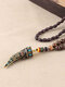 Vintage Ox Horn-shaped Pendant Geometric Beaded Hand-woven Wooden Necklace - #01