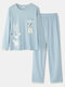 Plus Size Women Cartoon Animal Letter Print Cotton Cozy Pajamas Sets - Blue