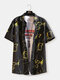 Mens Line Drawing Print Button Up Short Sleeve Shirts - Gold