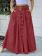 Solid Button Pocket Ruch Casual Maxi Skirt - Wine Red