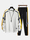 Mens Side Stripe Patchwork Applique Crew Neck Casual Two Pieces Outfits - White