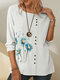 Button Daisy Flower Print Long Sleeve Casual Blouse For Women - White