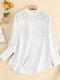 Lace Panel Button Front Long Sleeve Stand Collar Blouse - White