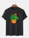 Men 100% Cotton Cactus Printed Casual T-Shirt - Black