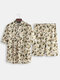 Men Kimono Robe Pajamas Set Water Pattern Print Loose Breathable Japanese Bathrobe Loungewear - Beige