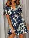 Cross Wrap Floral Print Short Sleeve Mini Dress For Women - Navy