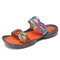 SOCOFY Genuine Leather Retro Printed Open Toe Slides Comfy Flat Sandals - Orange